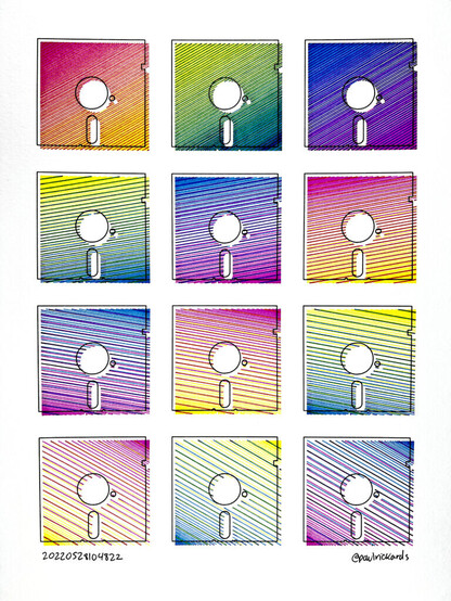 A portrait orientation #PenPlot of a 3 x 4 grid of 5.25" floppy disks shaded in a CMY rainbow scheme with the density of the shading darker at the top and lightening towards the bottom.