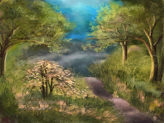 A tiny eastern cottontail #rabbit hops along a quiet path in the #forest … the spring-green of the trees and grasses and bushes all around him seem to offer shelter.  Punctuated with peachy-pink flowers on either side, he makes his way to the top of the path, which is also the top of the mountain.  Before him, early #morning #mists rise from the valley and he enjoys the view of another #mountain in the distance, the turquoise blue of the dawning sky above.  Looks like a good day to be a #bunny!!  At my website:  https://lois-bryan.pixels.com/featured/along-the-mountain-trail-lois-bryan.html. #wildlife #landscape #art #giftideas #LoisBryan #NotAi #HumanMade #BuyIntoArt #SpringIntoArt 