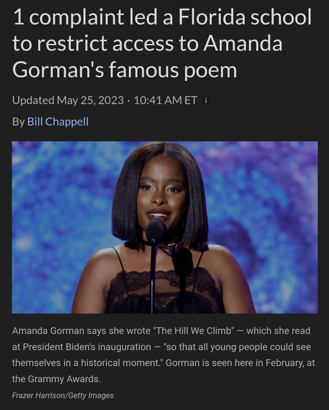 1 complaint led a Florida school to restrict access to Amanda Gorman's famous poem