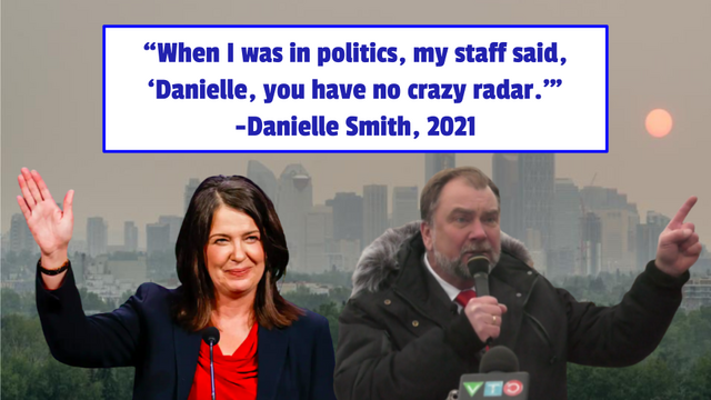 Banner reads: "When I was in politics my staff said 'Danielle, you have no crazy radar.'"

Danielle Smith and fellow kook Pastor WhatsHisNuts pontificating in front of a decidedly smokey Calgary skyline background, complete with a hazy unnatural otherworldly Sun. 