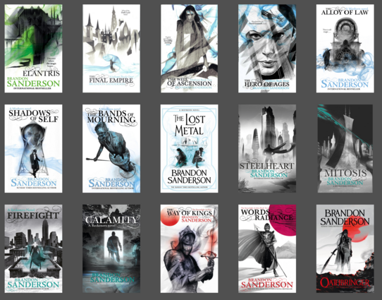 An array of Brandon Sanderson book covers in the black, white and single-other-color style done by Gollancz, with one cover not quite matching the others.