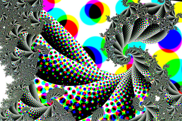 A fractal spiral colored with halftone dots. In the smaller sections, the dots overlap enough to almost become greyscale, while in the background they're magnified into large circles.