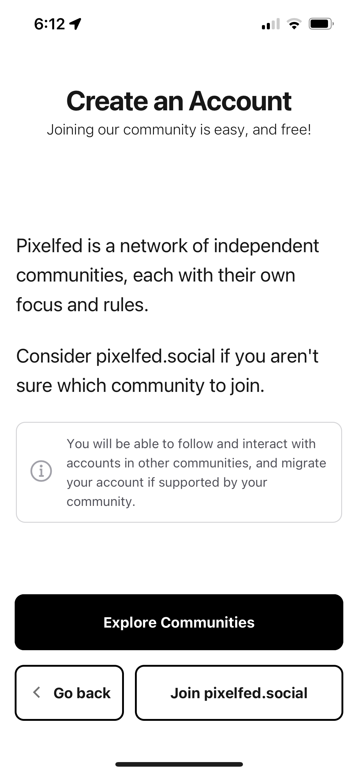 Pixelfed app create account screen