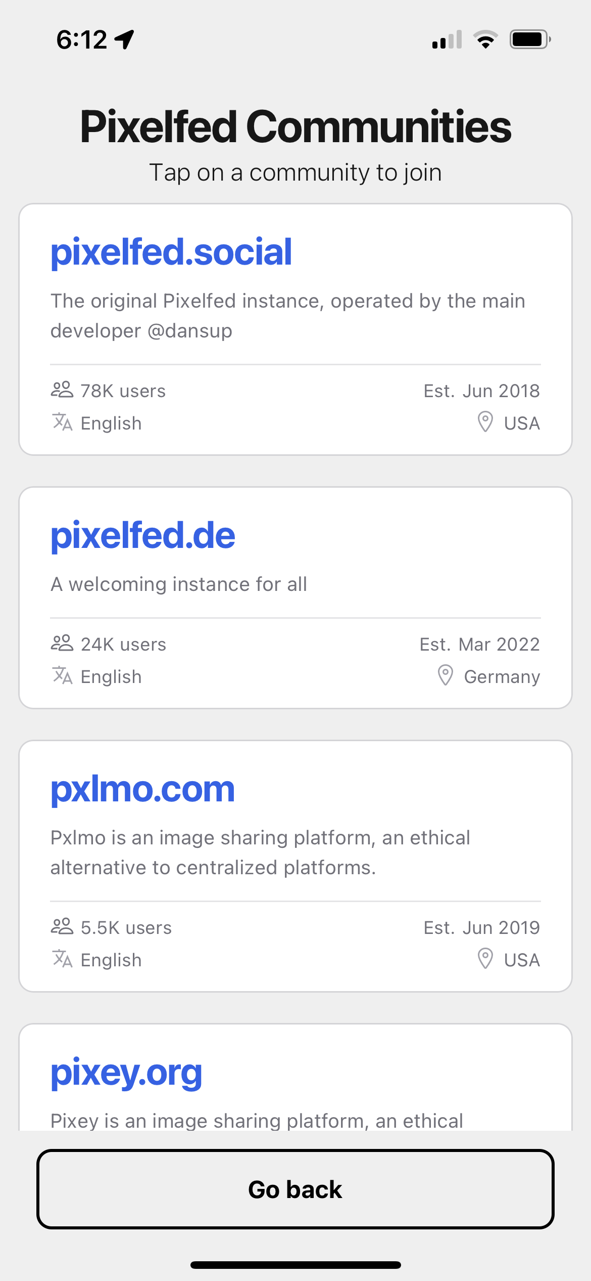 Pixelfed app create account screen