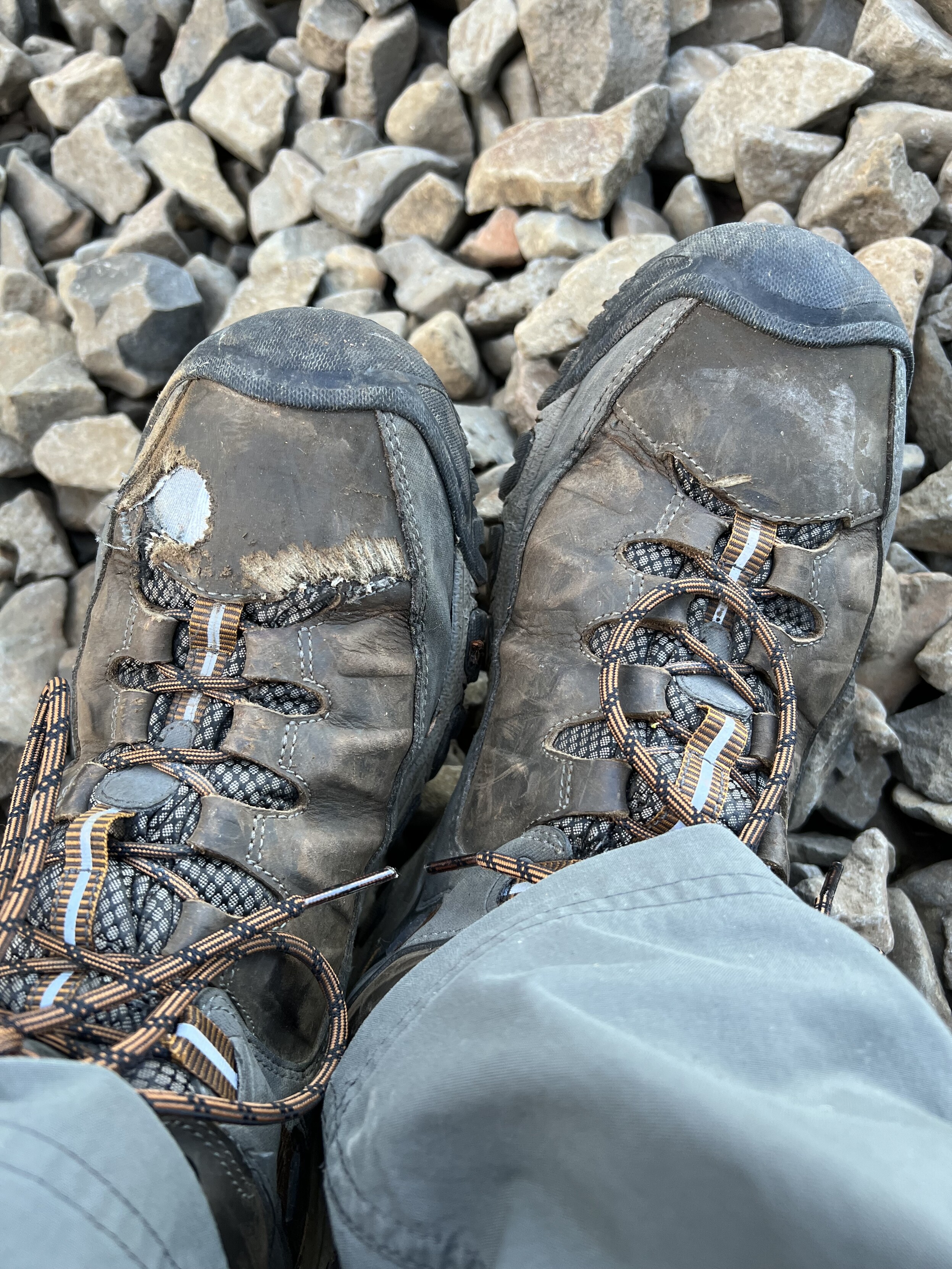 Keen boots with a hole in the leader that some critter chewed. 