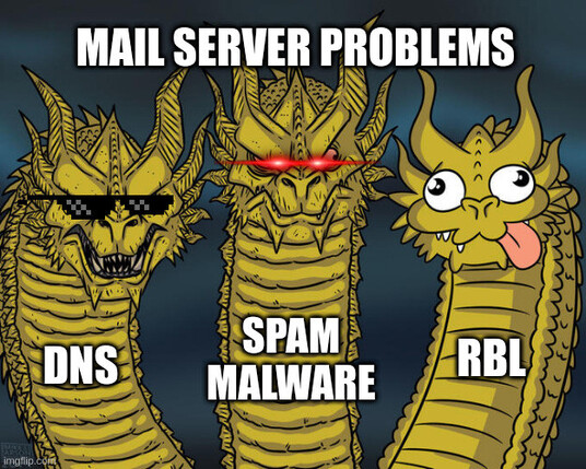 [three-headed dragon meme]
Mail Server Problems: DNS, Spam/Malware, RBL