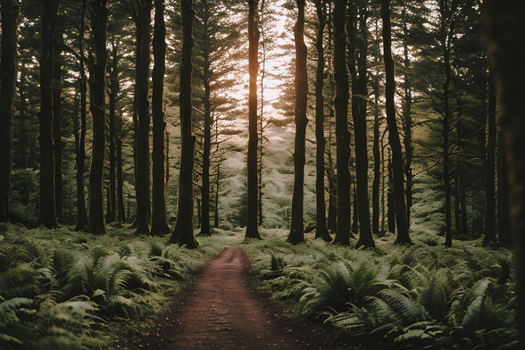 As the sun sinks lower, the colors of the forest transform, taking on deeper and more vibrant hues. The warm orange and reddish tones of the sun's final moments paint the sky above the tree line, creating a breathtaking backdrop against which the forest's natural beauty is further enhanced.