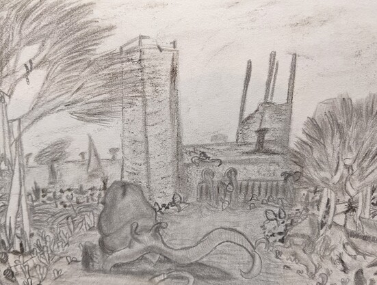 A graphite pencil grayscale drawing. Depics a landscape of a riverbank. In the distance a ruined building blocks the river, one of it's two towers has been torn down. In the foreground an alien creature sits on a log. It has a rocklike shell, two tentacles with hooks on the end, and slug-like antenna. The riverbanks are populated by a range of strange plants, but the thick plant cover abruptly changes to empty grasslands when it reaches the ruined building.