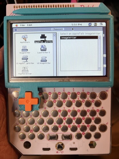 A Pocket Chip handheld showing System 7 Chooser. On the left AppleTalk ImageWriter II driver is selected and on the right my networked printer shows in the list!