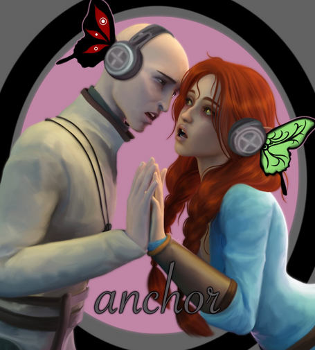 Solas from the game Dragon Age and his love interest Mellan. They are posed as the Vocaloid cover Magnet, wearing butterfly headphones and looking at each other in both a romantic and cringe inducing manner for comedic purposes.