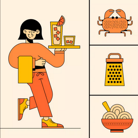 Illustration in black, pink, yellow and orange colors of a waiter with a tray with two glasses with an slice of orange in the tallest one and ice cubes in both. A vertical division with three inside divisions containing: a crab, a grater and a dish with light yellow round shapes with a yellow handle appearing stuck on them.