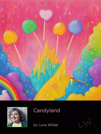In this vivid scene, close your eyes and let your imagination transport you to a whimsical world where everything is crafted from delectable confections. Picture a landscape that entices your sweet tooth and fills your senses with sugary delights.

As you step into this candy-coated realm, your eyes are immediately drawn to popsicles standing tall, their vibrant hues melting down their sides, creating streams of rainbow-colored syrup that shimmer in the sunlight. The air is filled with the tantalizing scent of sugar and the faint sound of children's laughter, echoing through the candied atmosphere.
