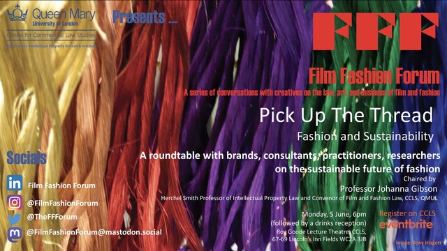A flyer for the Forum with a rainbow of coloured threads in the background and the title of the Forum - Pick Up The Thread! - as well as social media links
