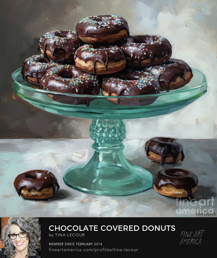 This is a square painting of delicious chocolate covered donuts in a pretty glass teal dish!