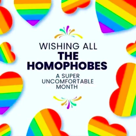 rainbow hearts with the text wishing all the homophones an uncomfortable month