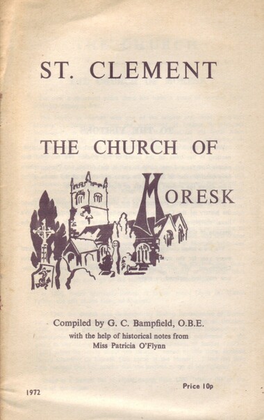 The front cover of G.C. Bampfield's 'St Clement: The Church of Moresk'. Plain white with title and a black and white drawing of St Clement Church near Truro to the centre.