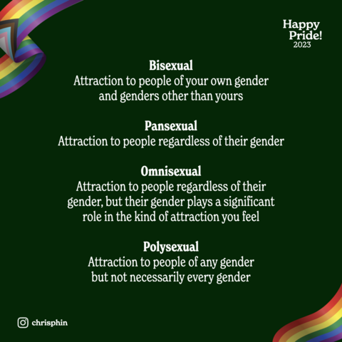 Bisexual
Attraction to people of your own gender and genders other than yours

Pansexual
Attraction to people regardless of their gender

Omnisexual
Attraction to people regardless of their gender, but their gender plays a significant role in the kind of attraction you feel

Polysexual
Attraction to people of any gender but not necessarily every gender