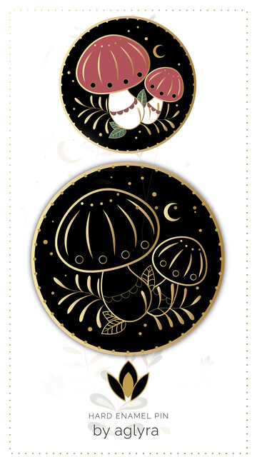 Picture of an mockup of two hard enamel pins: The both are the same, but one is black and the other filled with colors. There are two round pin designs which are showing two mushrooms surrounded by plants. 