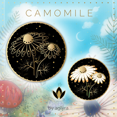 Mockup of a round enamel pin: It's golden and there are a black variation and a colorful variation showed. In the middle there are two flowers of the Camomile, one is bigger and a smaller one.