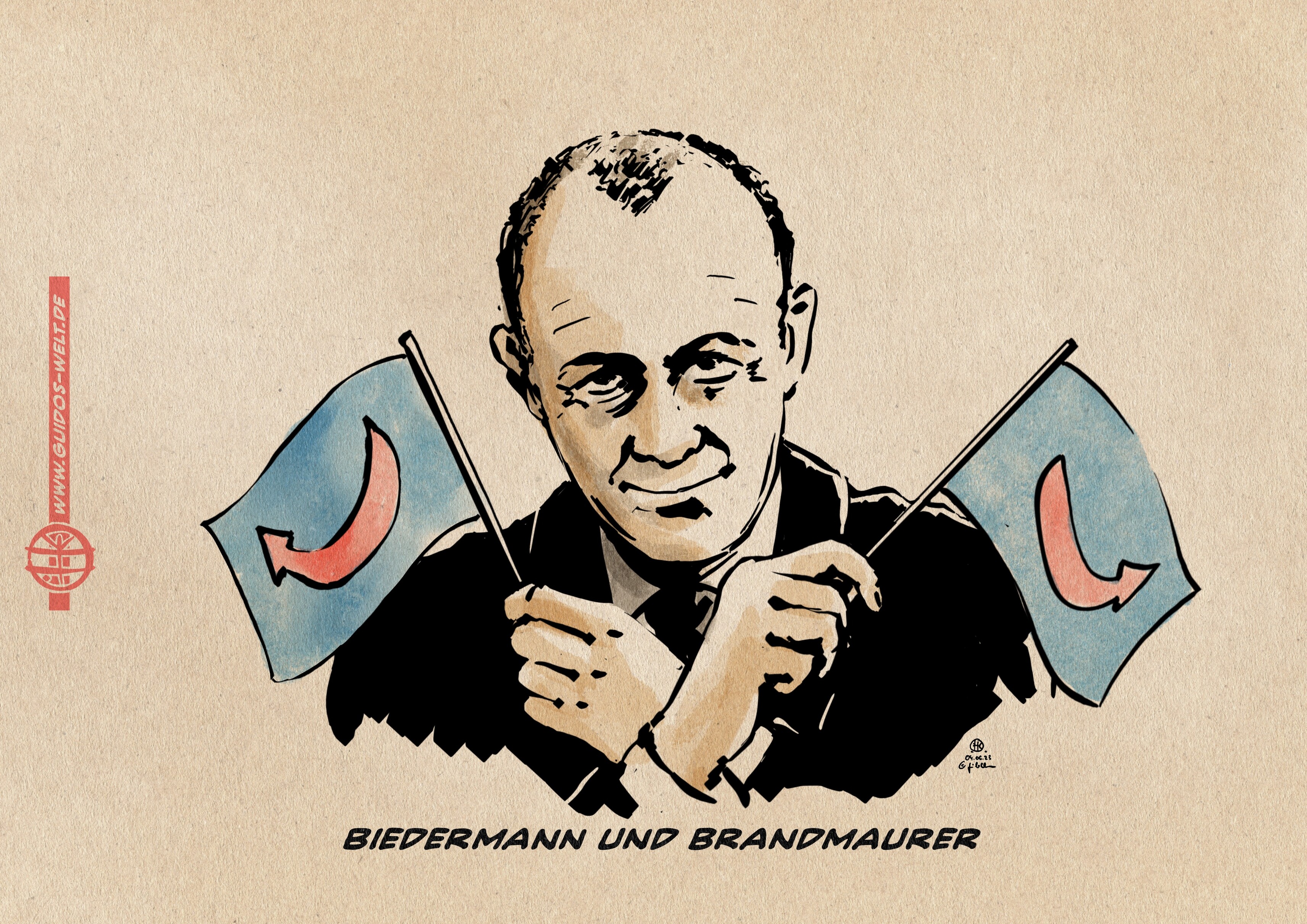 Illustration F. Merz lächelt zum Betracher vorgebeugt, zwei AFD Fähnchen haltend. Textzeile: Biedermann und Brandmaurer