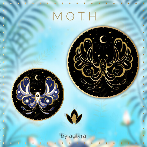 Mockup of two hard enamel pins in two color variations: It's a round and golden enamel pin and there is a moth presented. The moon is above it.
