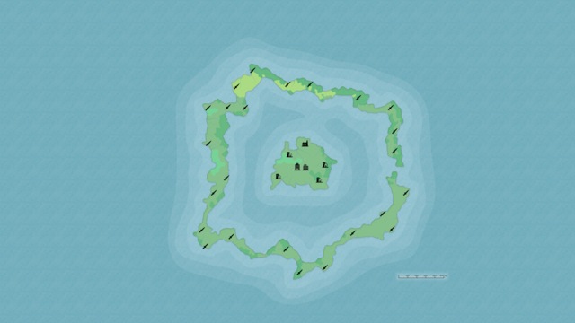 blue green map of atoll with central island, black icons for SAM sites dot the atoll itself and the center island shows 4 residential settlements, a hospital and a research tower in its center, and off to the north a manufacturing plant symbol