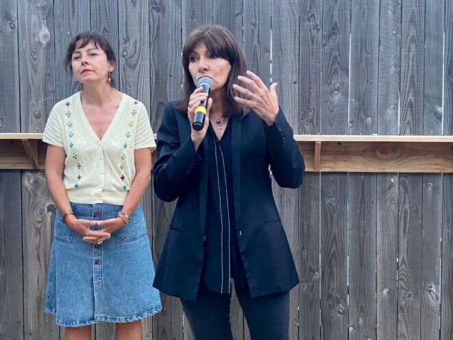 Carole Delga et Anne Hidalgo, le 2 juin 2023 à Montpellier. © Photo Mathieu Dejean / Mediapart