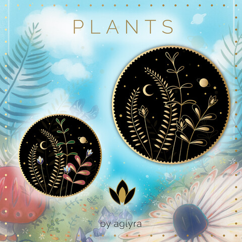 Picture of two different enamel pin mockups. The pins present flowers and plants and there is also the moon and some stars. They are golden-black and the second one is colorful.