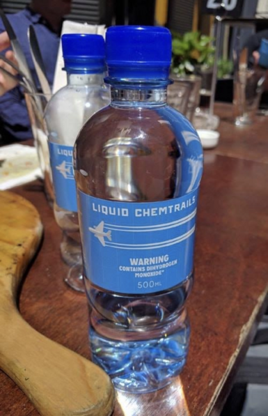 a bottle labeled Liquid Chemtrails -- Warning: contains dihydrogen monoxide