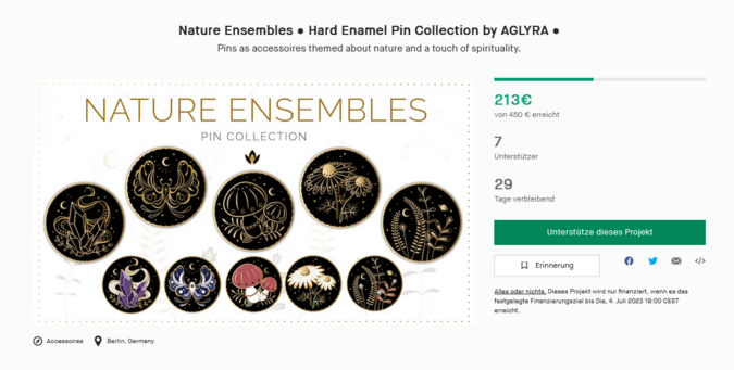 Screenshot of an Kickstarter project/page, which shows the actual progress of 7 supporters. There are 29 days left. 
