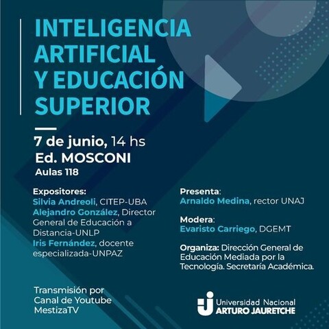 Expositores: Silvia Androli, CITEP-UBA
Alejandro González, Director General de Educación a Distancia - UNLP
Iris Fernández, docente especializada-UNPAZ

Presenta: Arnaldo Medina, rector UNAJ
Modera: Evaristo Carriego, DGEMT
Organiza: Direccion General de Educación Mediada por la Tecnología. Secretaría Académica.