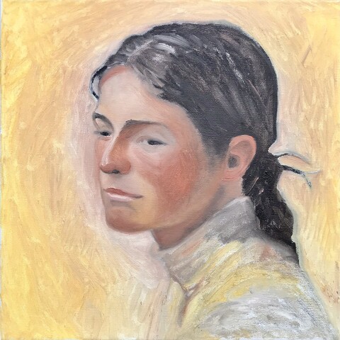An oil painting portrait of a woman, with yellow background.