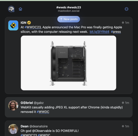 Phanpy worked well for monitoring all the news coming out about Apple Pro and WWDC today with it's Hashtag timeline feature.