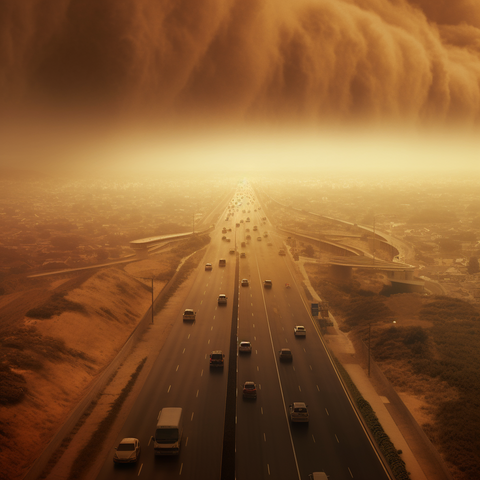 Midjourney Prompt: huge sandstorm overtakes an 8-lane highway, HD, super high detail, epic sci-fi, dark fantasy, illustration --v 5.1