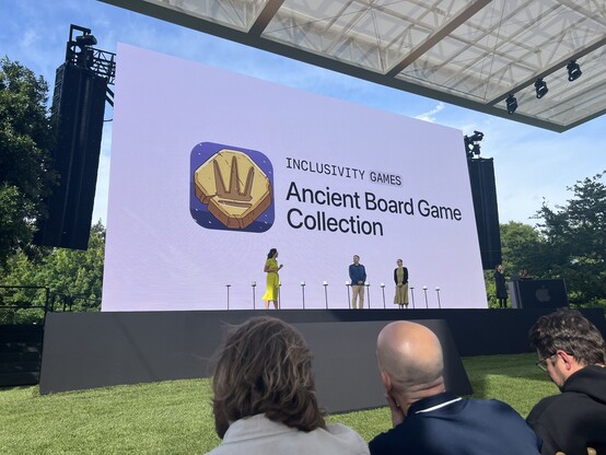 Stage at Apple Park, with Linda presenting Ancient Board Game Collection as Apple Design Awards Inclusivity Finalist