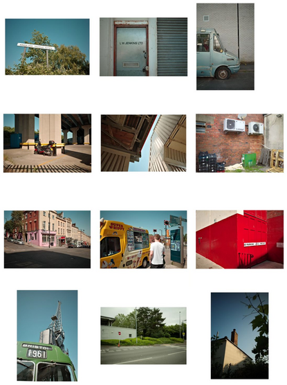 A grid of photos of urban landscapes.
