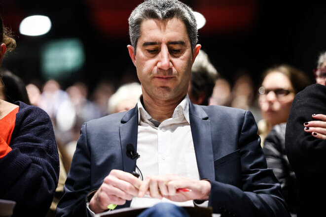 François Ruffin lors d’un meeting contre la reforme des retraites à Paris, le 10 janvier 2023. © Photo Sébastien Calvet / Mediapart