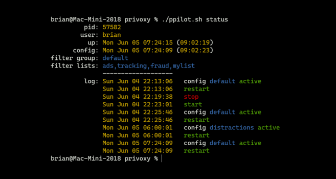 Screen capture of privoxy-pilot-macos' status screen showing PID, user who started Privoxy, up time, date when the configuration file was last changed, the current filter group and the filters in that group in effect. Lastly the ten log events.