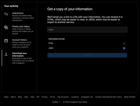 Instagram, Get a Copy of your information