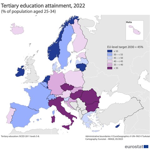 Colored map of hhe European Union showing the  rates of those aged 25-34 with tertiary #education in 2022 in continental #Europe.

Apart from the top 3, #Lithuania, the #Netherlands, and #Norway were in the top league of over 55%.

Still above the #EU's target of 45% were:  #Spain, #France, #Belgium, #Switzerland#Slovenia, #Denmark, #Latvia, #Sweden, and #Greece.

Source:
https://ec.europa.eu/eurostat/cache/metadata/en/edat1_esms.htm
