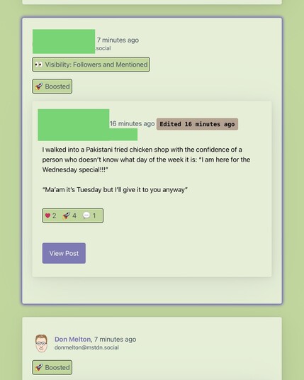 Screenshot of my homegrown Mastodon app. The Scooby Snack theme is used, and a purple glow surrounds a post that is only visible to followers and mentioned.