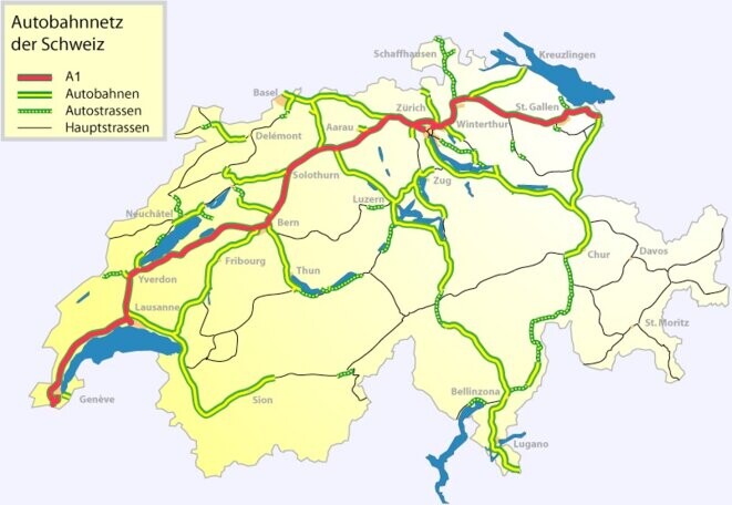 Le parcours de l’A1, axe majeur du territoire suisse© Wikipédia, Filzstift https://commons.wikimedia.org/w/index.php?curid=1283026