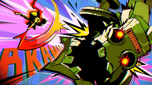 A comic book styled screenshot of the game <a href="https://bethesda.net/en-US/game/hifirush">Hi-Fi Rush</a>. The protaganist is smashing his guitar against a giant green machine robot head.