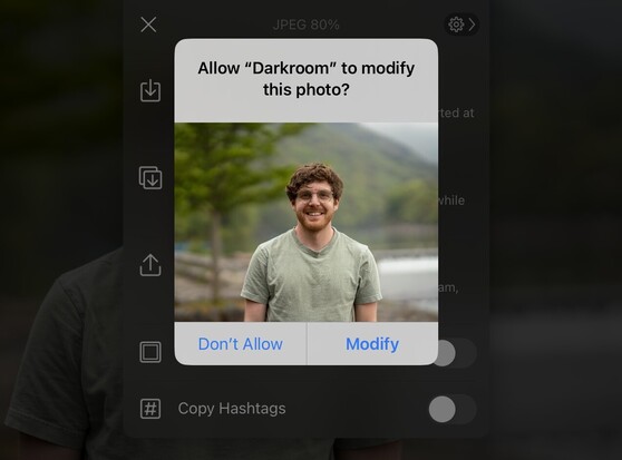 A screenshot of the photo modification prompt shown on iPadOS 16 and below. The user was required to accept this prompt to allow the app to modify the photo every time.