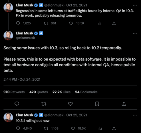 A screenshot of a Twitter thread with three, consecutive Tweets by Elon Musk.

The first Tweet in the tread, published October 23, 2021 states:

Regression in some left turns at traffic lights found by internal QA in 10.3. Fix in work, probably releasing tomorrow.

The next Tweet in the thread that is in reply to that (published October 24, 2021) states:

Seeing some issues with 10.3, so rolling back to 10.2 temporarily. 

Please note, this is to be expected with beta software. It is impossible to test all hardware configs in all conditions with internal QA, hence public beta.

The third Tweet in that thread, published on October 25, 2021 states:

10.3.1 rolling out now