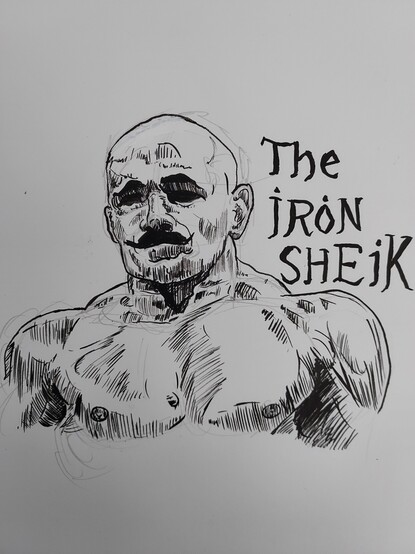 The Iron Sheik in brush and ink.