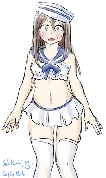 girl: medium-length brown hair, brown eyes, blushing
wearing: sailor-inspired lingerie. Top is a navy blue sailor collar tied off with a bow in front attached to a white frilly tube top. Her bottoms are covered by a short white skirt and white opaque thigh high socks. A sailor's cap is on her head.