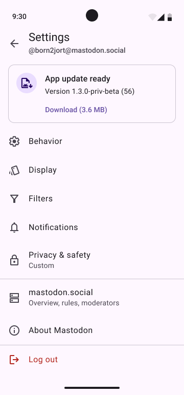 A screenshot of the settings screen on the Mastodon for Android app, featuring subsections such as Behaviour, Display, Filters, Notifications, Privacy & safety, and so on, including information about the server you're logged into.