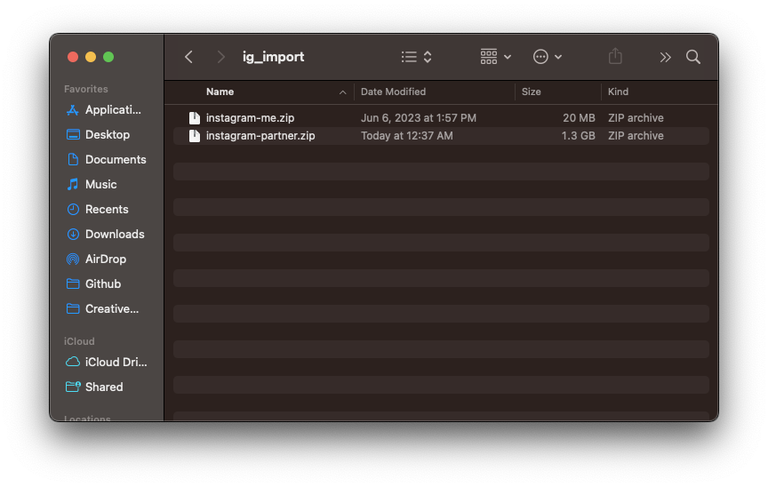 File directory listing, showing my export   is 20MB large, while my partners is 1.3GB large!