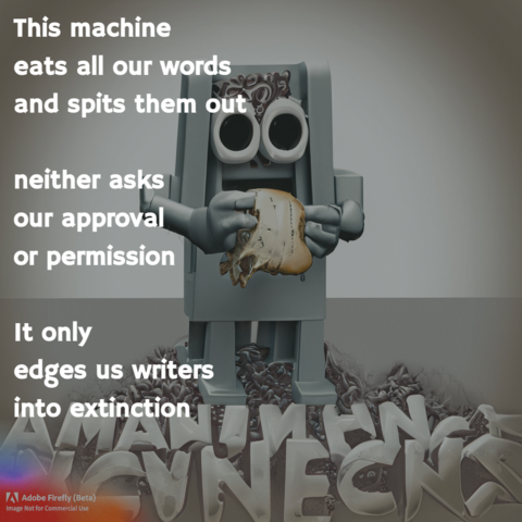 Illustrated Sijo poem (with image by Adobe Firefly AI)

This machine
eats all our words
and spits them out

neither asks
our approval
or permission

It only
edges us writers
into extinction